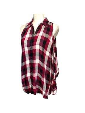 Express Plaid Cold Shoulder Shirt Womens Small Burgundy Black Button Down Grunge